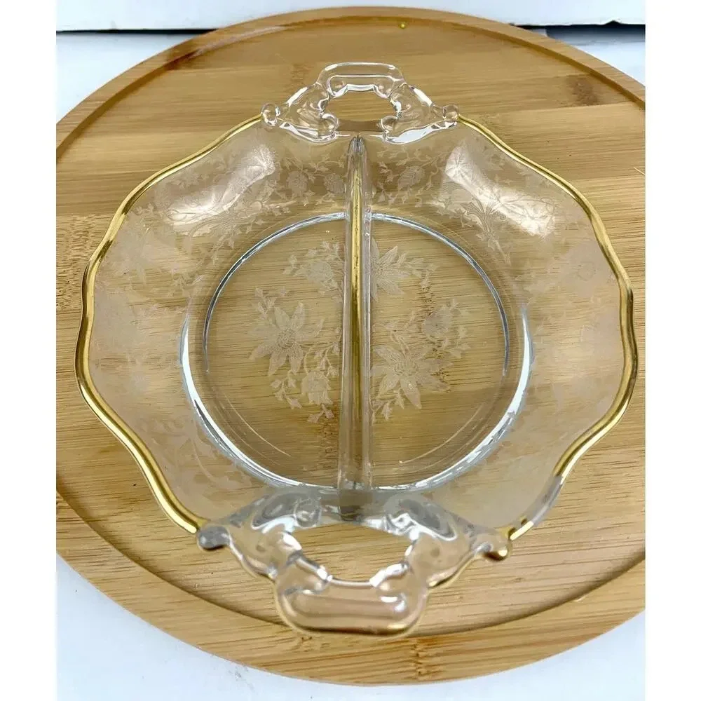 VTG Cambridge‎ Divided Handled Relish Glass Dish Wildflower Clear Gold Trim